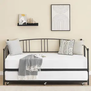 Twin Size Sofa Bed, Pull Out Trundle, Metal Daybed, Arched Headboard, Steel Slat Support, Multi Room Use, Black