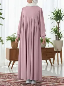 Women's Elegant Solid Color Muslim Dress, Round Neck Long Sleeve Pleated Design, Fitted Casual Wear for Daily, Modest Style Dress