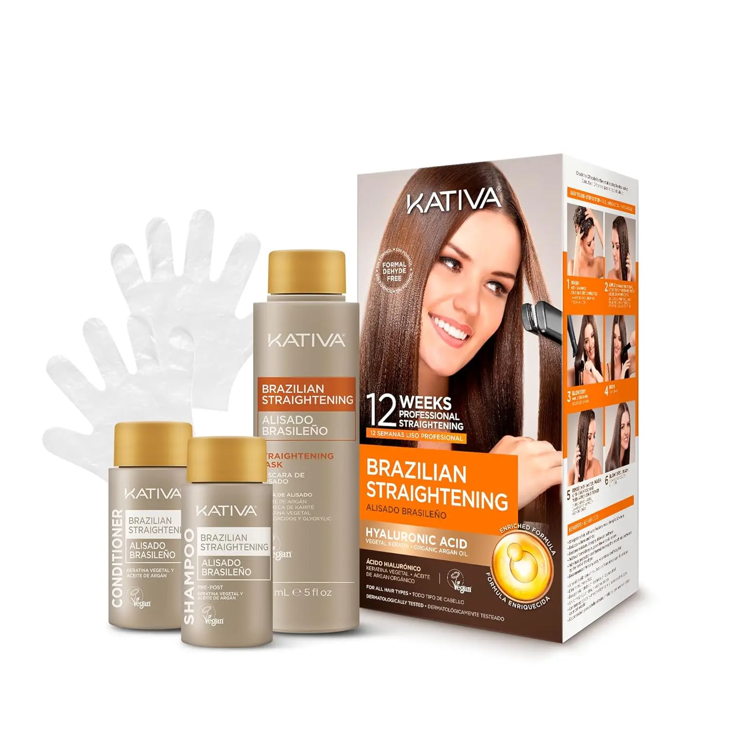 Kativa Brazilian Keratin Hair Straightening Treatment Kit, Formaldehyde-Free Haircare with Hyaluronic Acid & Argan Oil Blend, 12-Week Frizz Control, Silky Nourished Locks, Professional Salon Quality, for All Hair Types, Nourished Hair