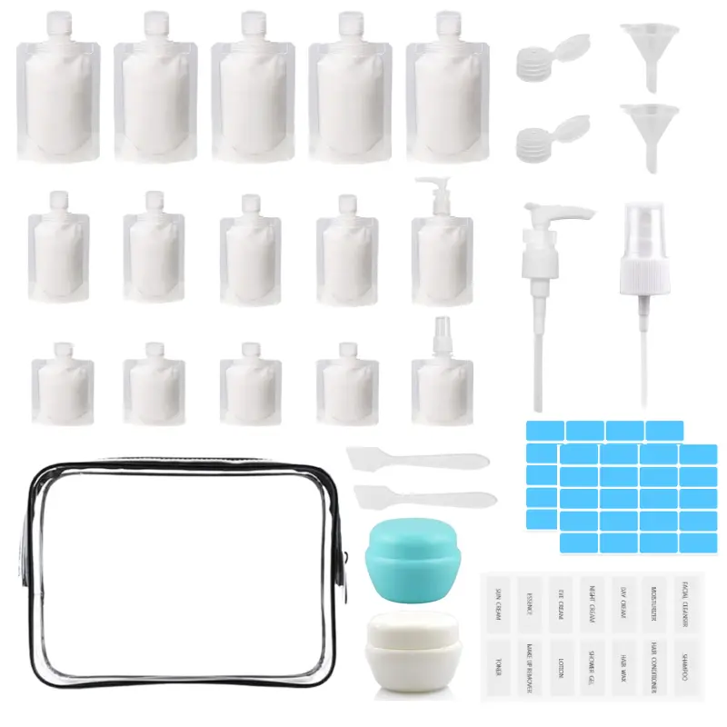 29PCS TSA Approved Refillable Squeeze Travel Pouches, Leak Proof Portable Liquid Cosmetic Containers 30/50/100ml Reusable Toiletry Bags for Travel Makeup Shampoo Lotion