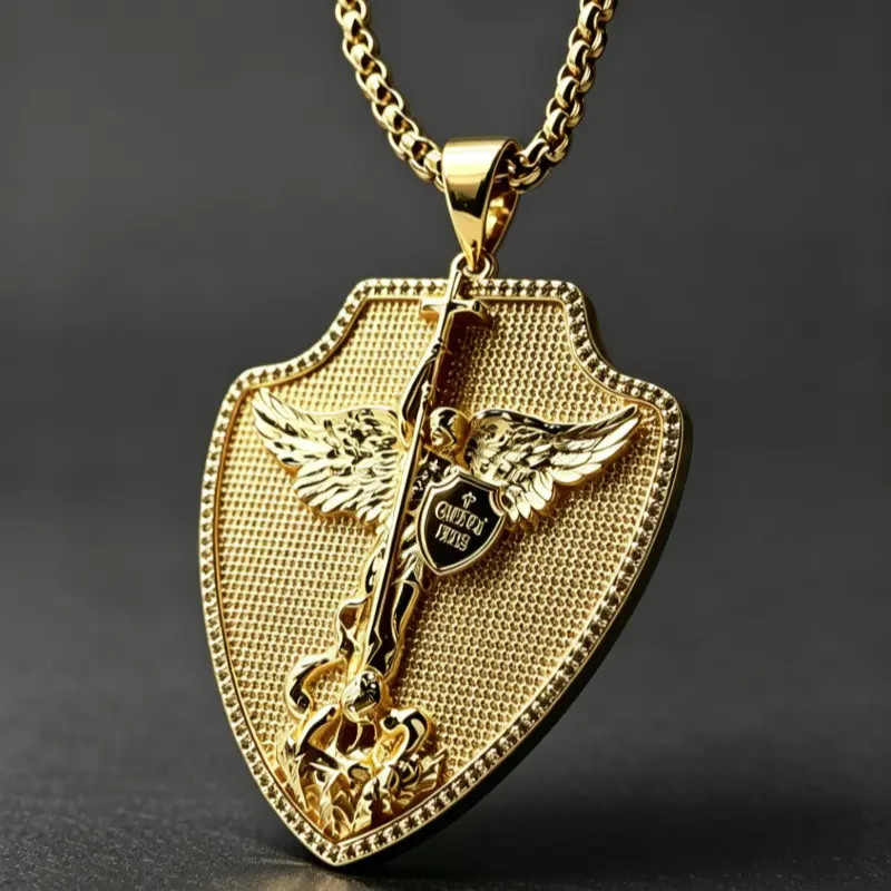 18K gold-plated hip-hop Saint Michael Angel medallion pendant stainless steel necklace gold medal Catholic pendant Christian religious amulet jewelry suitable for men/women to wear for protection and peace suitable for everyday wear themed parties