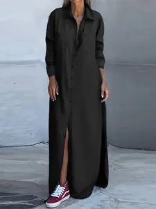 Elegant Long Sleeve Woven Dress, Pocket, Loose-Fit Design, Plain Pattern, Ideal for All Seasons, Casual Style, Perfect for Everyday Wear