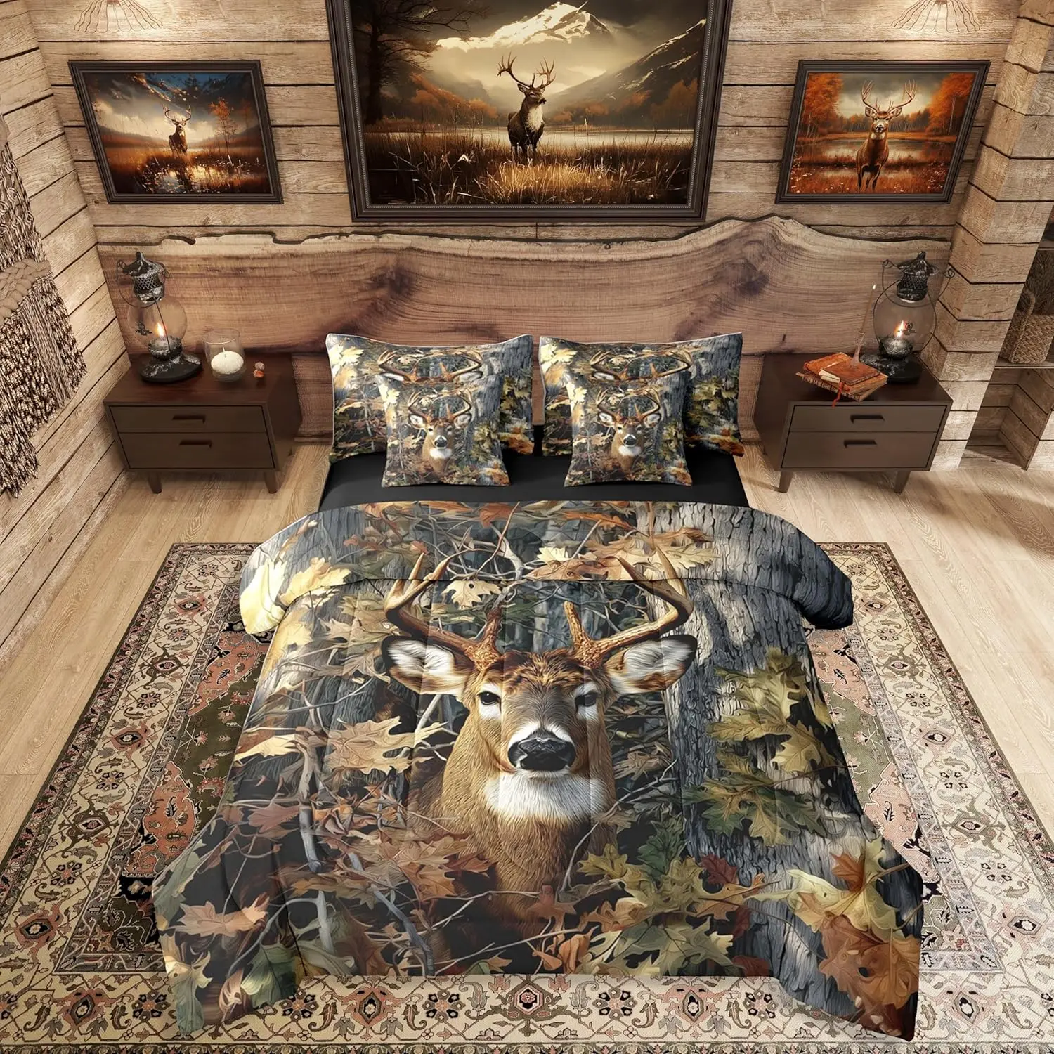 Feelyou 7-Piece Hunting Deer Camo Queen Comforter Set for Men - Bed Sheets Set, Rural Rustic Bedroom Decor Bedding, Bed-in-A-Bag Gift, Bedding Sets, Bed Comforter Sets