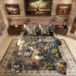 Feelyou 7-Piece Hunting Deer Camo Queen Comforter Set for Men - Bed Sheets Set, Bedroom Decorative Bedding, Rural Rustic Bed in A Bag, Bedroom Gifts