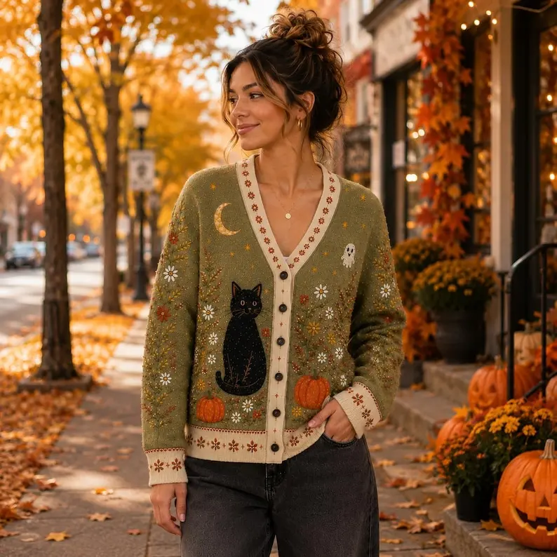 Black Cat Halloween Cardigan, Vintage Pumpkin Knit , Cottagecore Fall Cardigan, Cozy Autumn Button Up Sweater Gift for Women