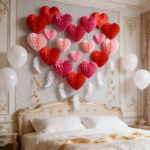 10pcs Handmade-Style Heart-Shaped Paper Fluff Balls (Fuzz) - Red & Pink Wedding, Birthday, Valentine's Party Decorations Suitable for Weddings, Prop Setup, Handmade Craft Balls Party Decoration Supplies