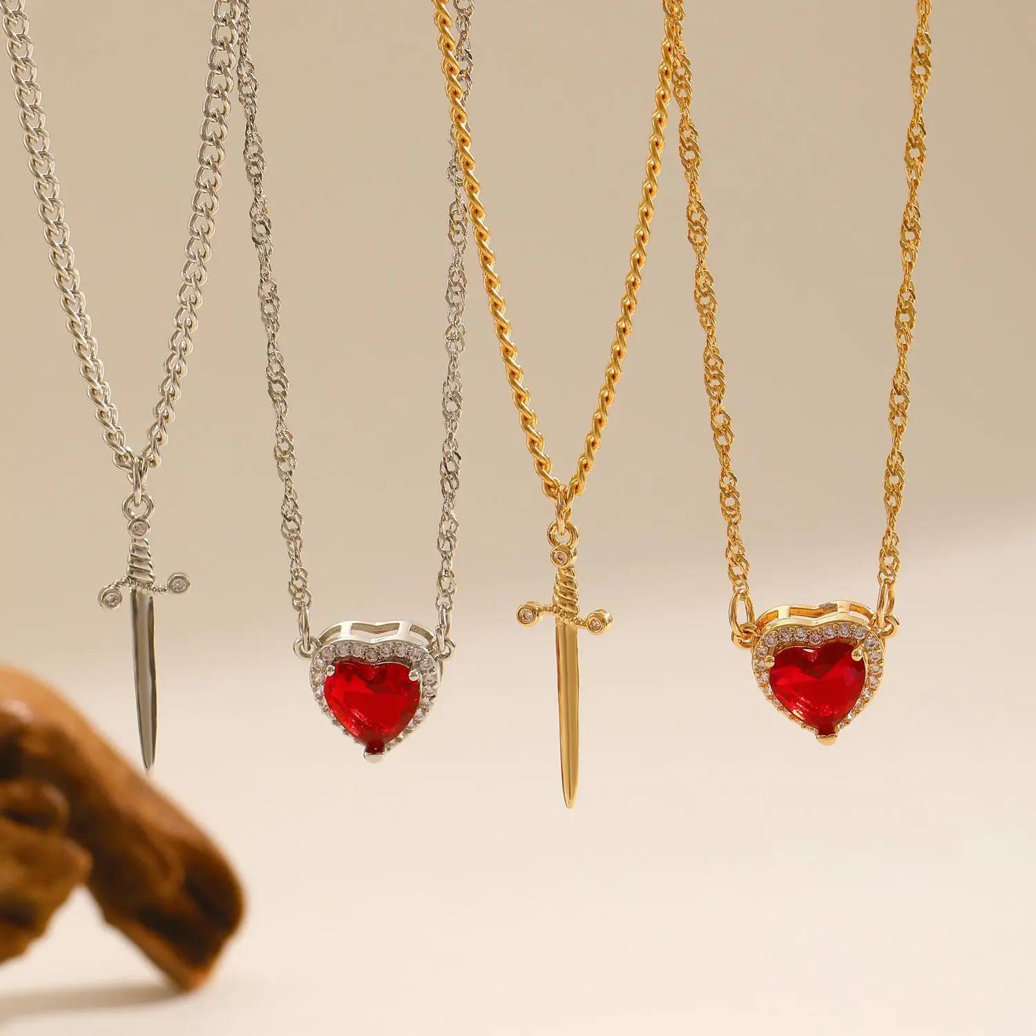 Women's Red Cubic Zirconia Heart-Arrow Dagger Statement Necklace, Adjustable Collarbone Chain, Valentine's Day Costume Jewelry, Gifts For Girlfriend, Heart Necklace, Gf Gift, Romantic Gifts For Her