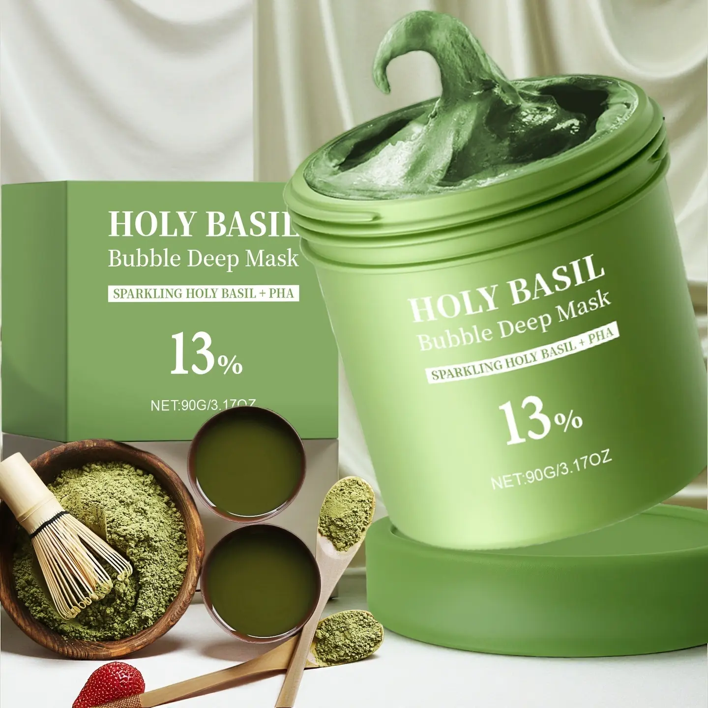 Holy Basil Bubble Deep Mask, Natural Ingredients Facial Cleansing Mud Mask, Gentle Oil Control & Blackhead Removal, Hydrating Moisturizing Skin Care