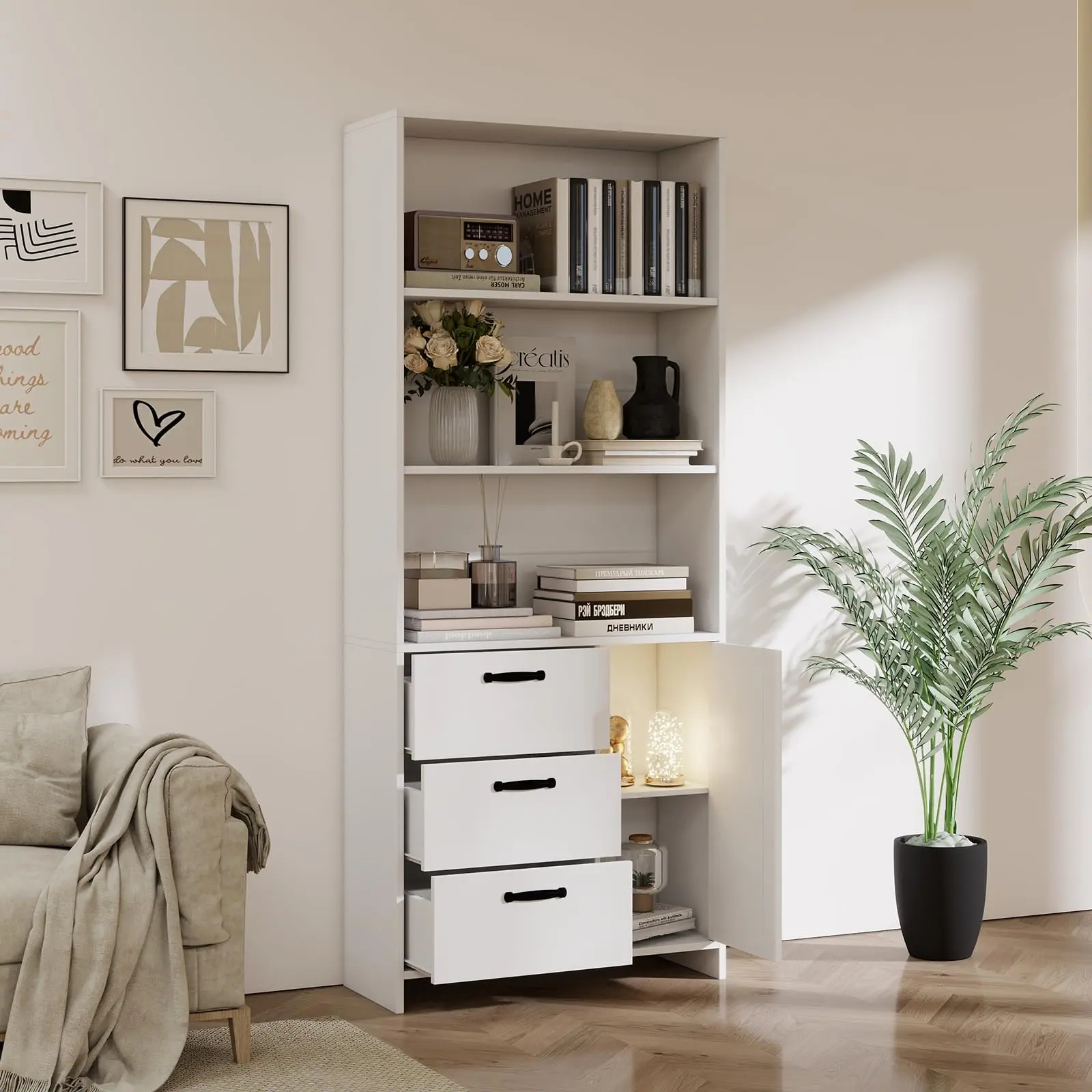 GARVEE White 6-Tier Bookshelf with Door and 3 Drawers,71" Tall Bookcase with 3-Tier Open Shelves,Wooden Book Shelf with Storage Cabinet for Home Office,Living Room,Bedroom