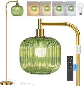 Glass Floor Lamp for Living Room, Modern Standing Lamp with Green Ribbed Glass Lampshade, Remote Control & Adjustable Height, 65” - 70”Tall Lamp for Bedroom Study Room, Brushed Gold