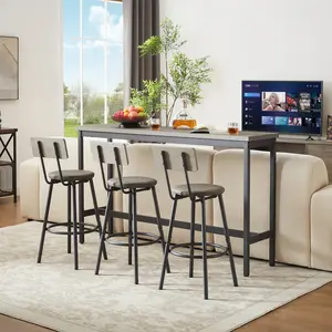 Long Bar Table Set with 3 PU Upholstered Bar Stools, Industrial Bar Table and Chairs for Kitchen Breakfast Table, Living Room, Banquet Hall, Rustic Gray and Black, 63″L X15.7"W X 37.5"H Furniture Modern Interior