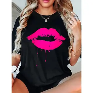 100% Cotton Sexy Pink Hot Lips T Shirt: Neon 80s Lipstick Kiss Party Tee Casual Short Sleeve Shirt