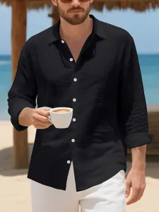 Men's solid-color plain linen long-sleeved shirt - loose fit. Suitable for both casual and business wear. Perfect for tropical beach vacations, short coastal trips, and summer leisure outings.