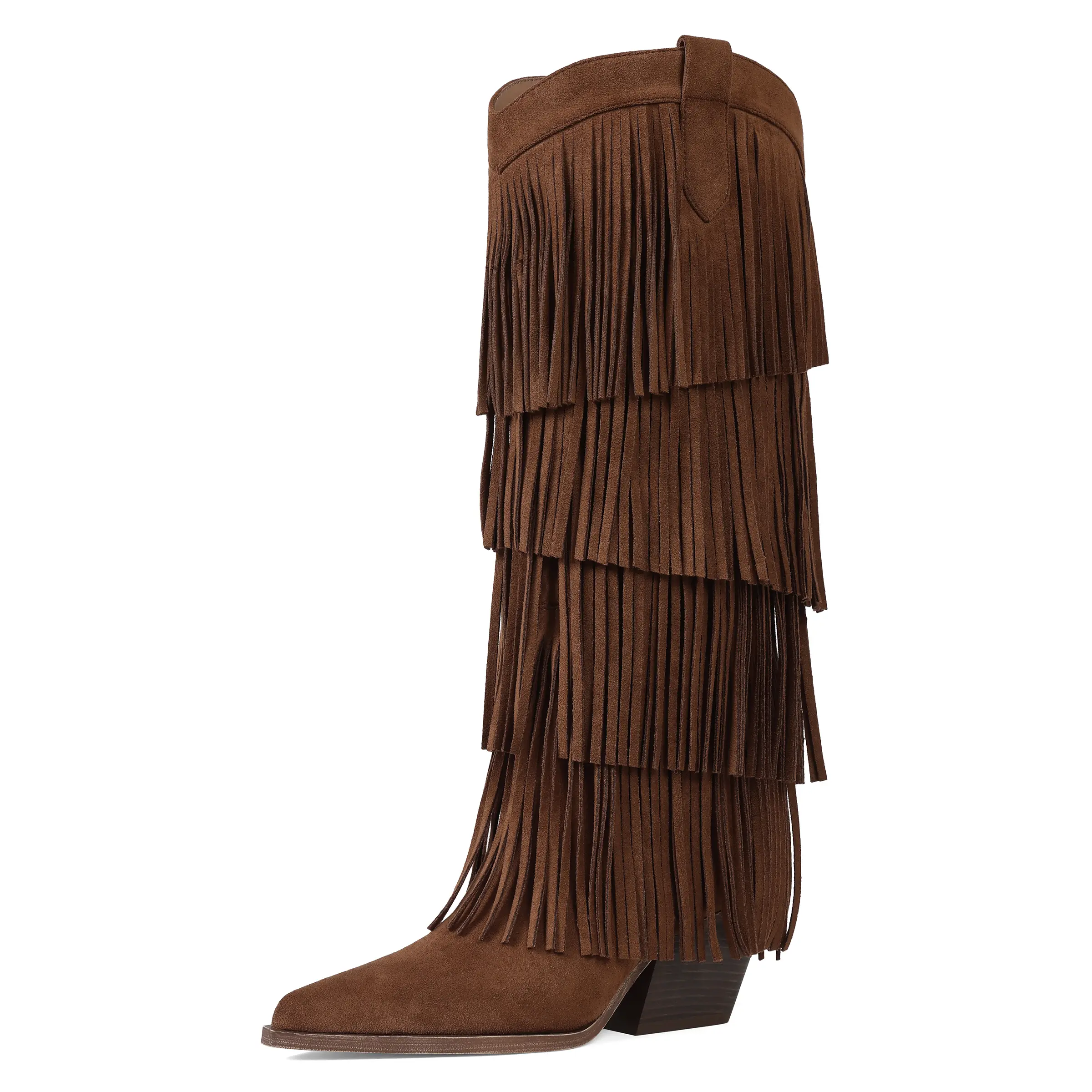 Women's Stylish Western Cowgirl Booties - Fringe Tassel, Square Toe, Chunky Low Heel, Knee-High Women's Shoe, Fashion Footwear, Western Booties