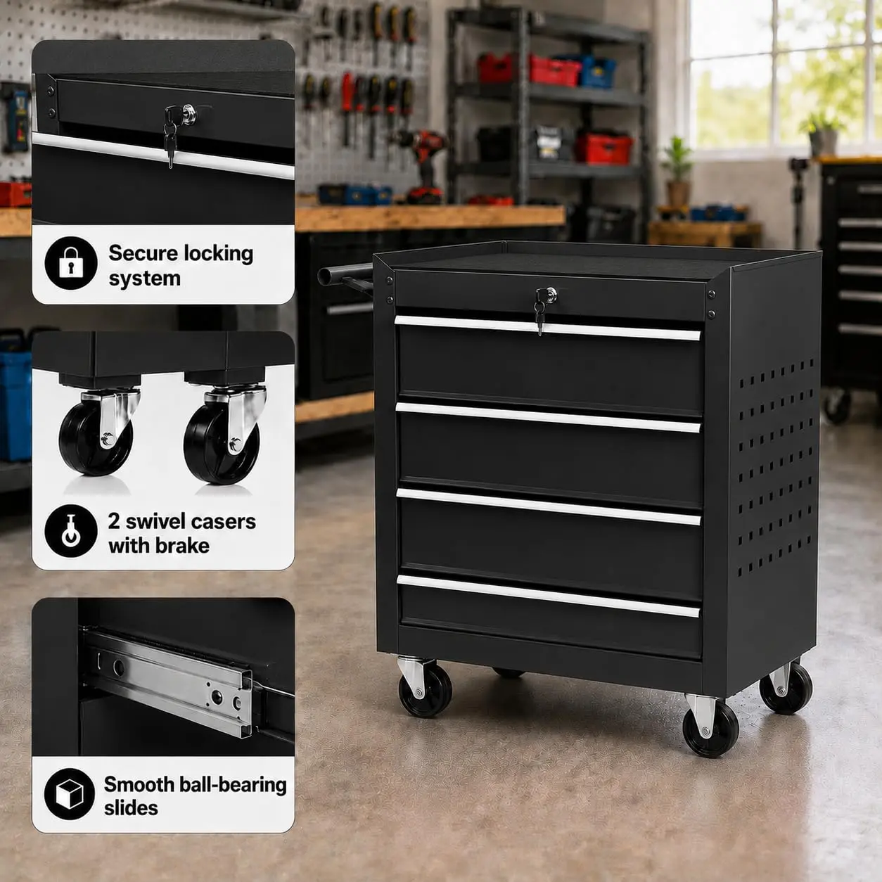Garvee Heavy-Duty 4-Tier Wall-Mount Power Tool Organizer – 40" 400 lbs Capacity Metal Garage Storage Rack with 8 Drill Slots & Hooks for Wrenches, Pliers & Hammers