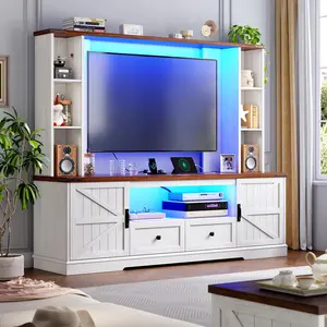 Farmhouse TV Stand with Cabinet & Storage Shelves for 60 Inch Television Stand，Entertainment Center with 2 LED Lights & Power Outlets, TV Stands for Living Room or Bedroom,71”W x 69”H x 15.7”D，Rustic Brown