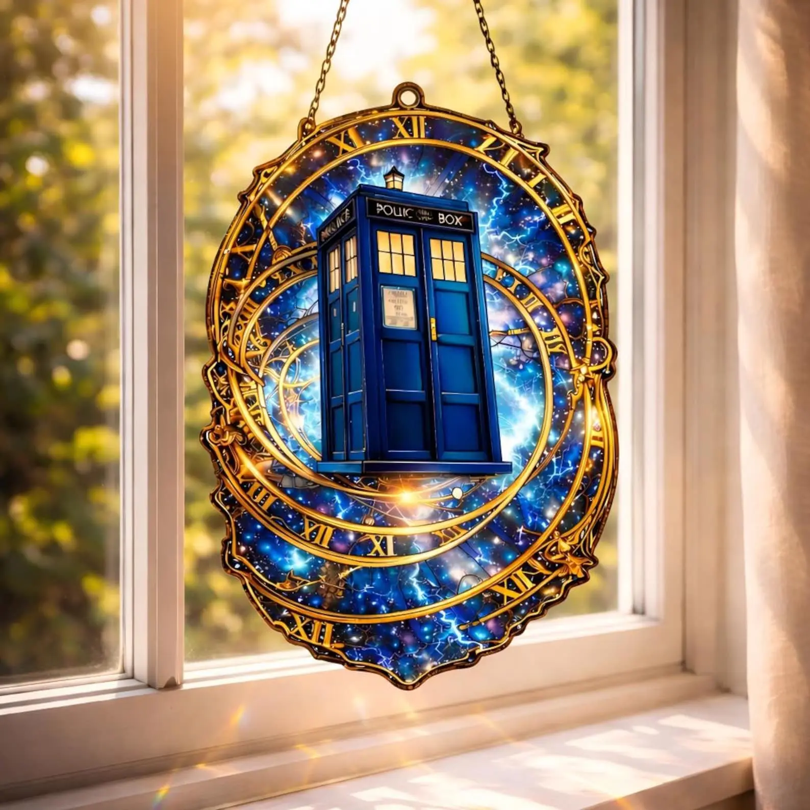 Doctor Who TARDIS Stained Glass Suncatcher, Time Travel Window Hanging, Unique Sci-Fi Gift, Sun Catcher Decor for Home