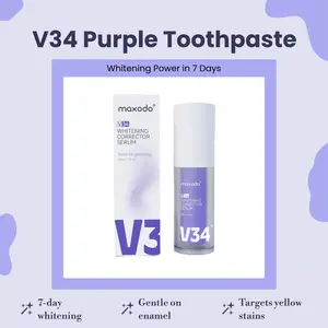Maxodo V34 Purple Toothpaste for Teeth Whitening in 7 Days - Targets Yellow Stains, Sensitive Teeth, Enamel Safe, Fresh Breath Oral Care Serum, Gentle Gum Health, 30ml Correction