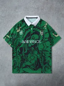 Men's Street Style American Slogan Graphic Print Short Sleeve Polo Shirt, Comfortable and Fashionable, Perfect for Summer Outdoors Activities