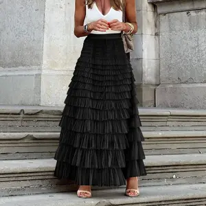 Coquette Aesthetic Tiered Ruffle Maxi Skirt, Women’s High Waisted A-Line Flowy Layered Tulle Long Skirt for Vacation & Brunch,summervibes