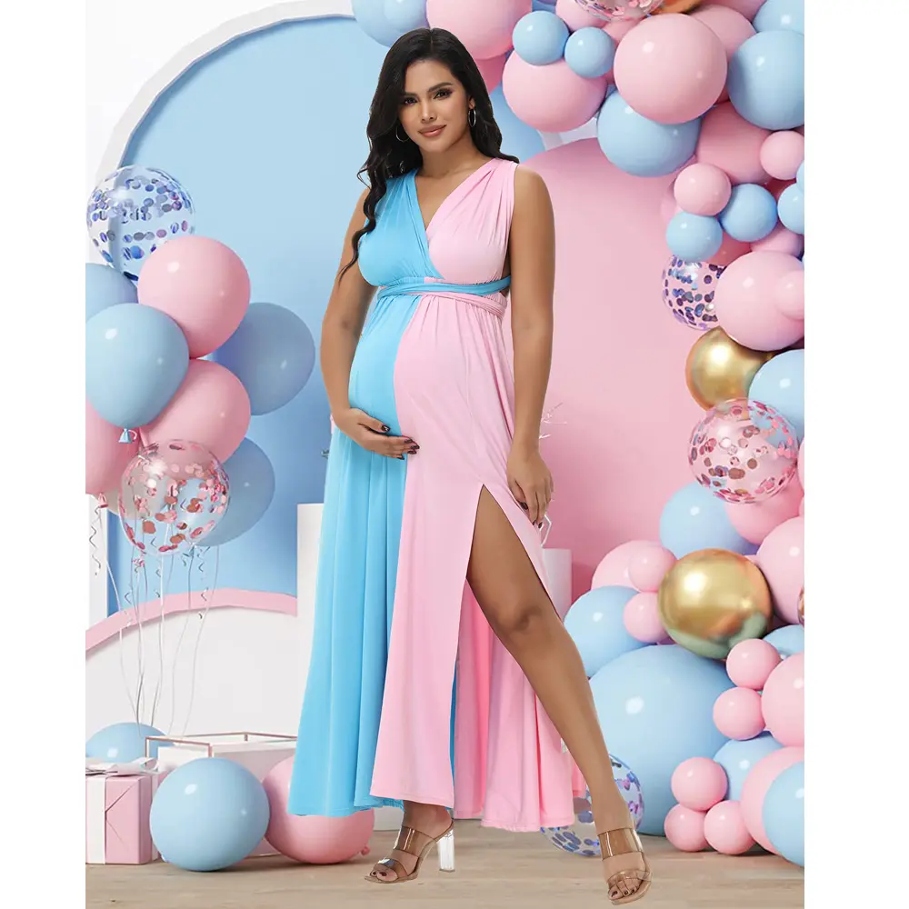 Elegant Maternity Dress Pink & Blue Colorblock Multi-Way Dress Pregnant Dress for Baby Shower Gender Reveal