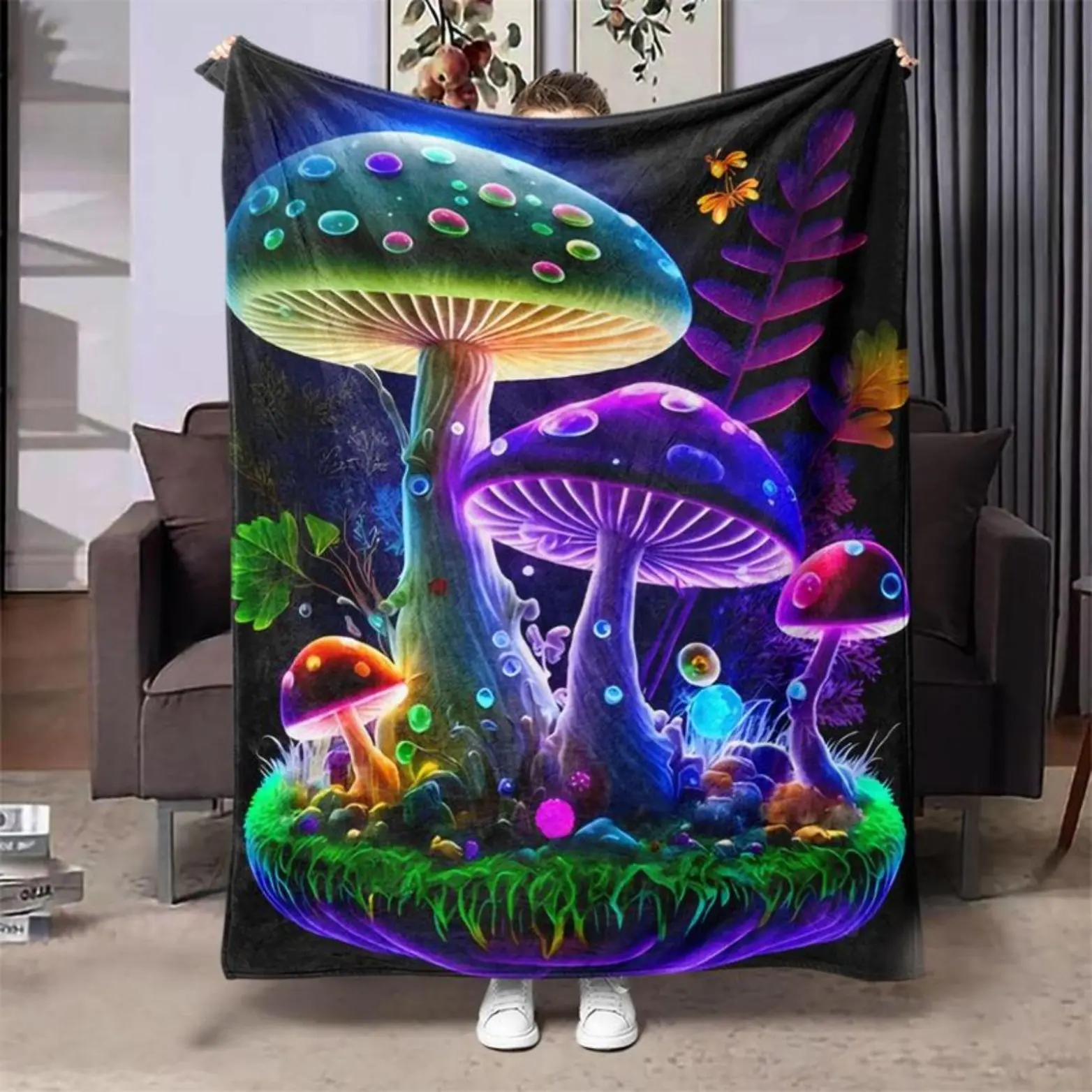 Soft Comfortable Funny Throw Blanket Colorful Mushroom Pattern Blanket,1 Count Warm Nap ,Air-conditioned Room Blanket For Home Office Travel Camping Dormitory