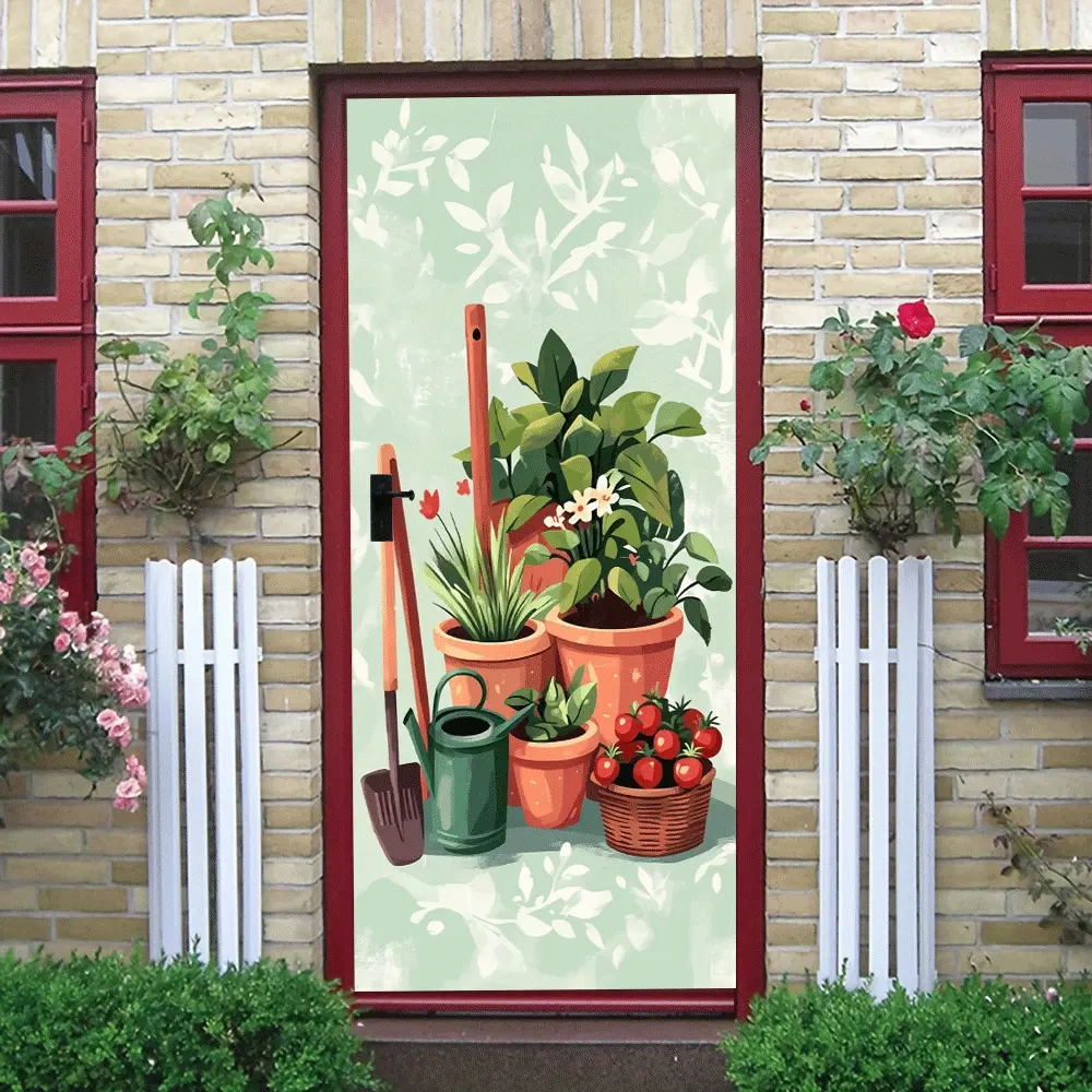 2pcs Fresh Green Plant Garden Wall Stickers Home Door Decoration Self Adhesive Stickers Potted Flowers Tomato Pattern Removable Eco Friendly PVC Wall Decals for Living Room Bedroom Kids Room Decorative