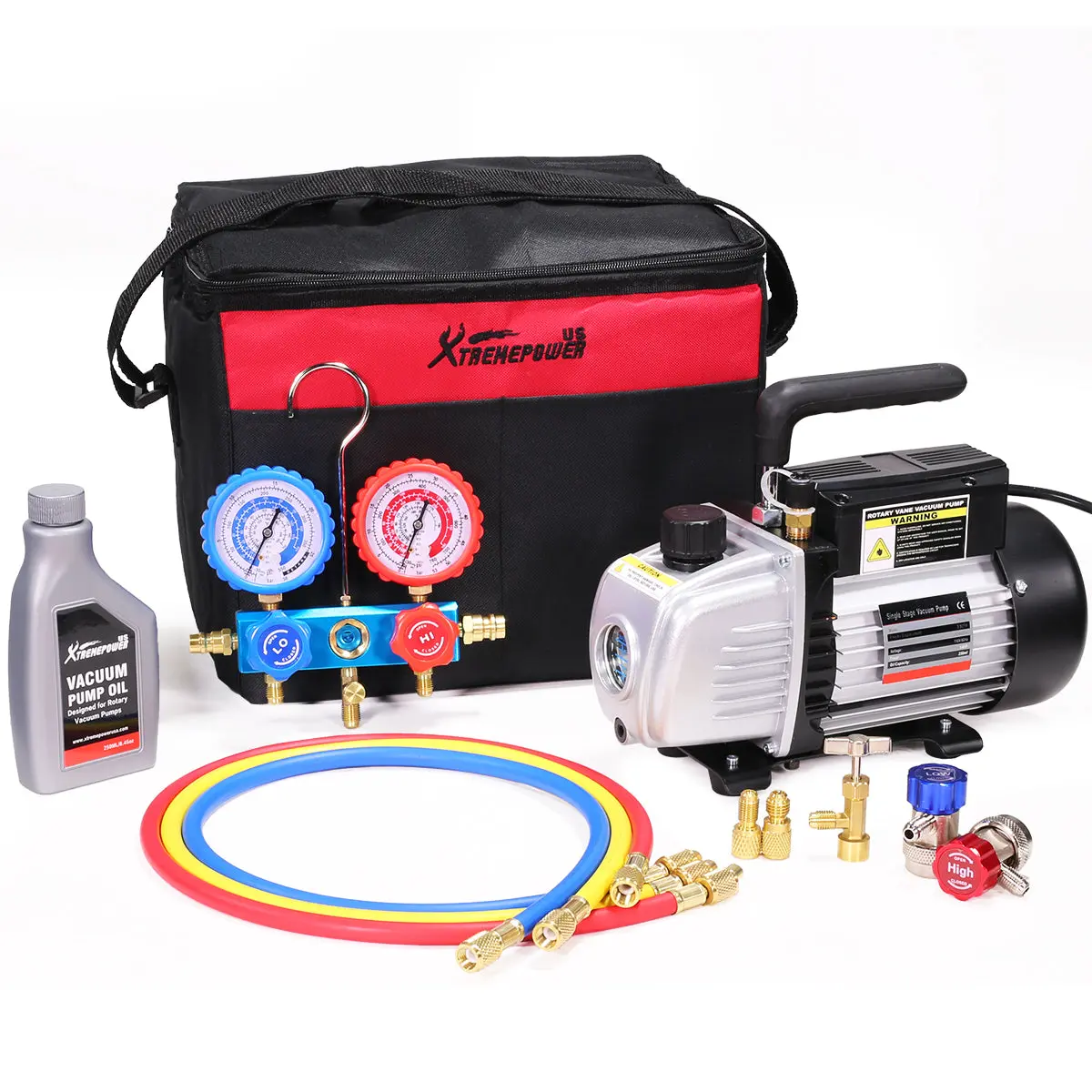 XtremepowerUS 120V 3.5CFM 1/4HP Vacuum Pump Full Kit - HVAC Refrigeration AC Manifold Gauge Kit (Default Configuration)
