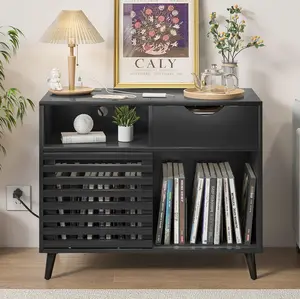Vintage Large Vinyl Record Player Stand with Wood Legs, Fluted Slats Sliding Doors, Built-In Power Outlet, 300-Album Capacity, Home Living Room Indoor Furniture Shelf