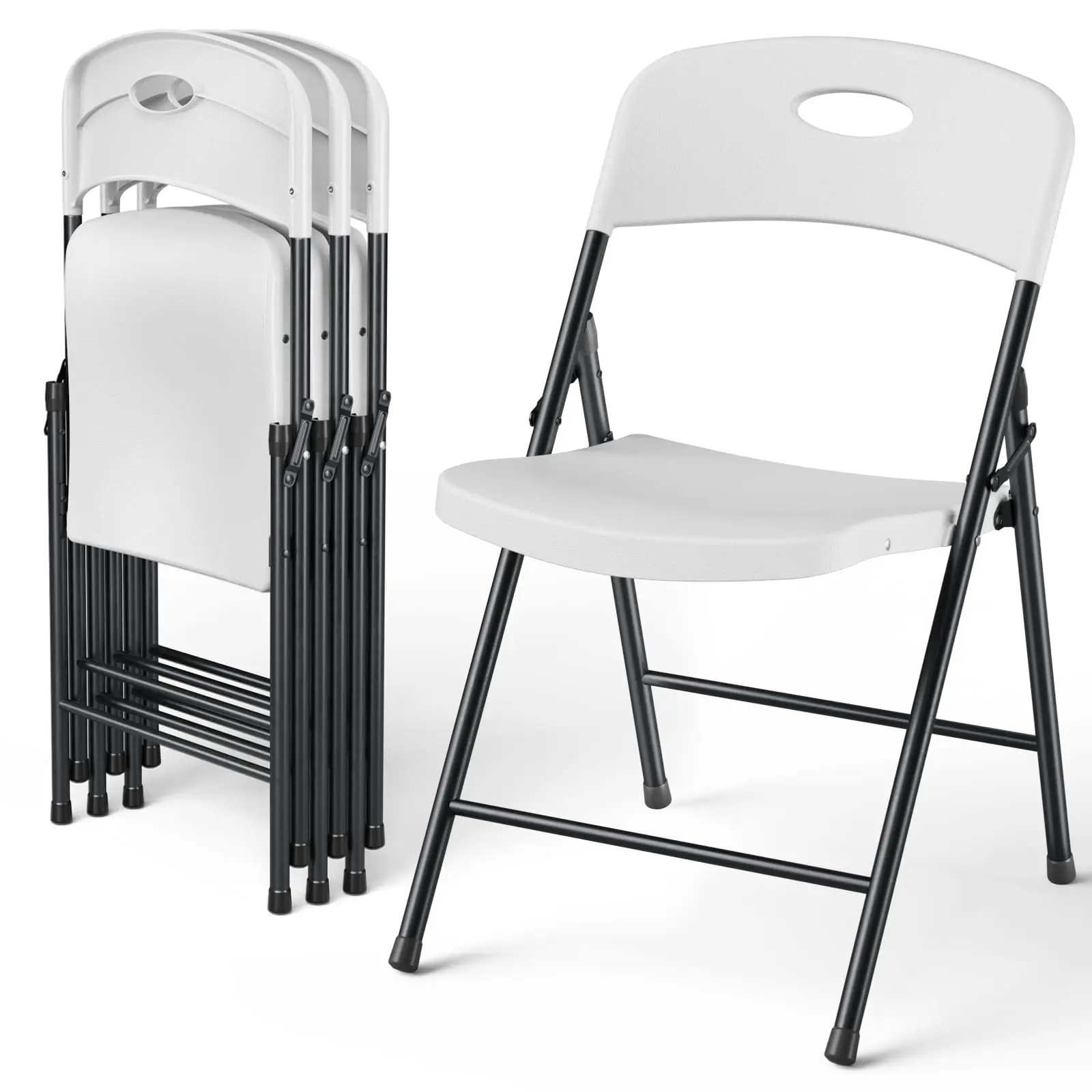4-Pack Heavy-Duty Stackable Folding Chairs - White Steel-Frame Plastic Chairs with 300lbs Capacity, Portable Indoor-Outdoor Seating for Patio, Picnic, Chair