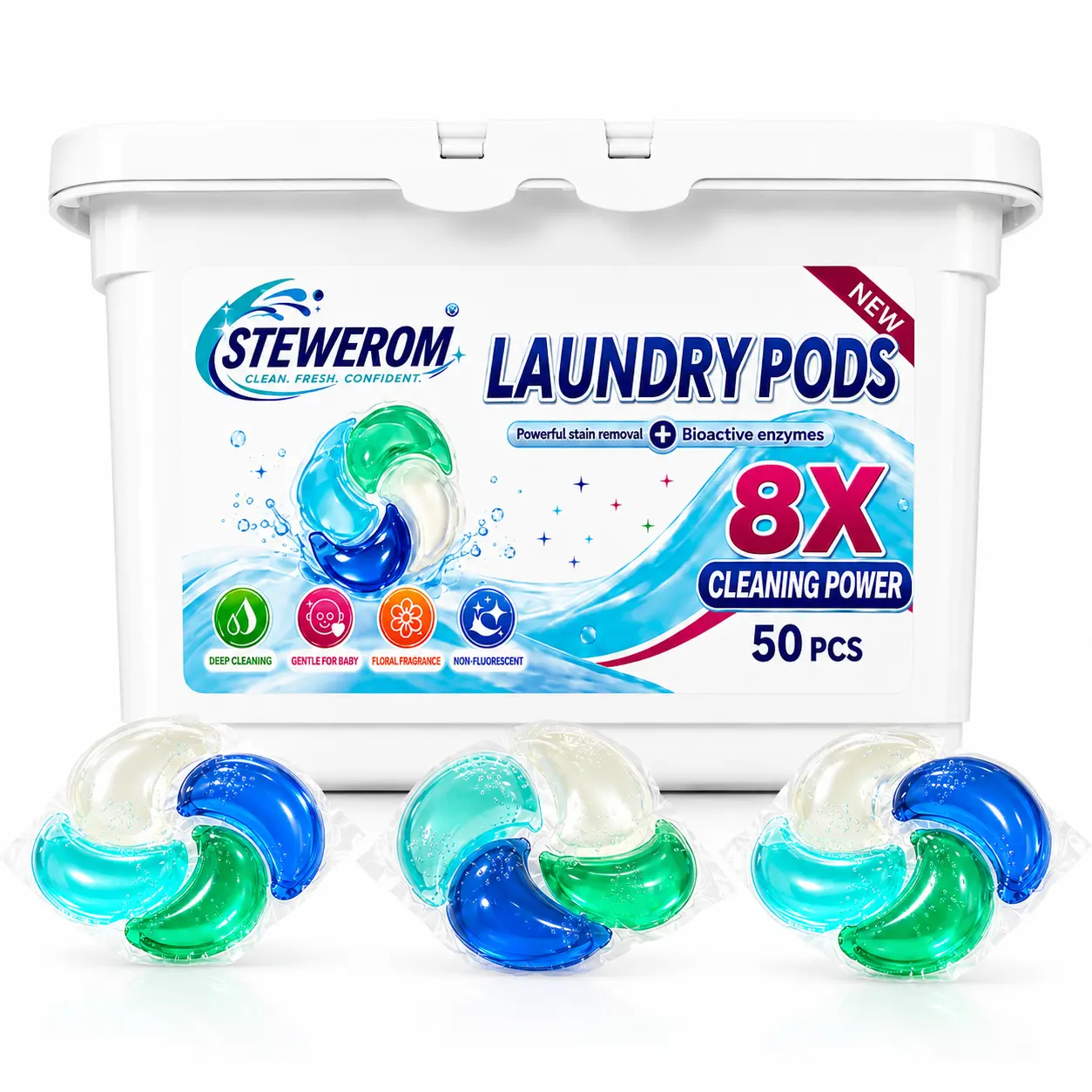 Stewerom 5-in-1 Premium Scented Laundry Detergent Pods, 50-Count Coconut Sea Breeze Scent, Fast-Dissolving Heavy-Duty Stain Odor Eliminator Supplies for Easy Toss-and-Wash Use