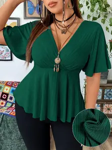Plus Size Women's V Neck Butterfly Sleeve Waist Cinching Top, Ribbed Knit Slimming Hem T-Shirt, Casual Fashion Tee Fit