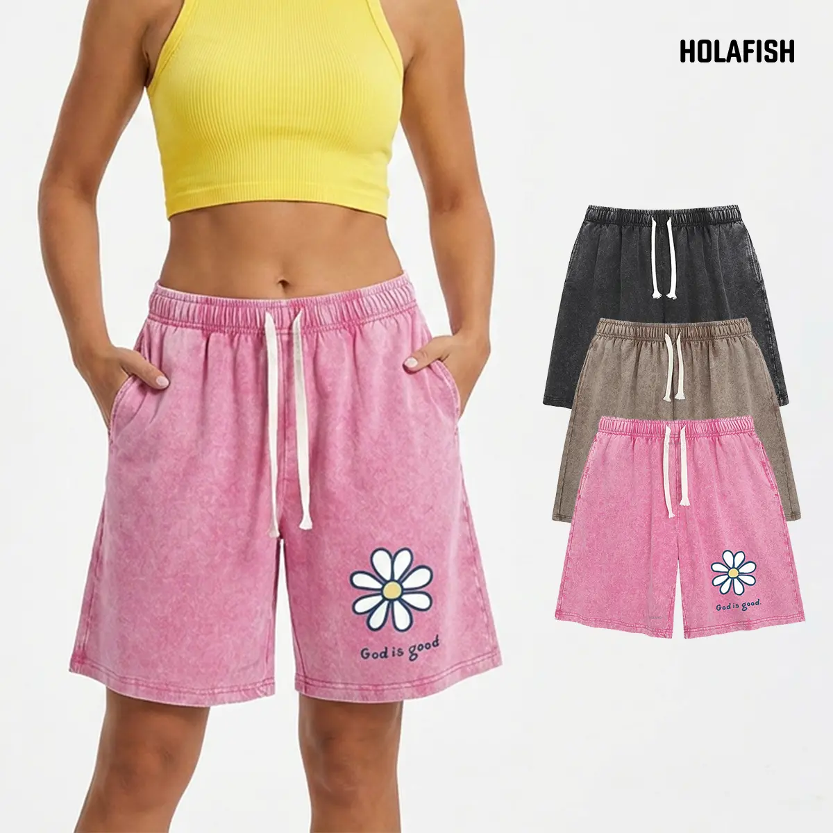 Holafish Women's Vintage Acid Wash Shorts, Heavyweight Cotton Streetwear with Flower Print, Unisex Relaxed Fit with Elastic Waist, Vibe, Flat, Piece, Comfortable, Casual, Halloween, Retro, Cotton Blend, Fabric, Active Wear, Durable Ink Print, Knitting