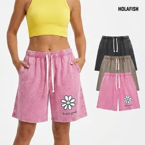 Holafish Womens Acid Washed Shorts God With Small Flower Print Summer Essential Streetwear Comfy Relaxed Fit Perfect for Outdoor Daily Lounging Vacation Summervibes