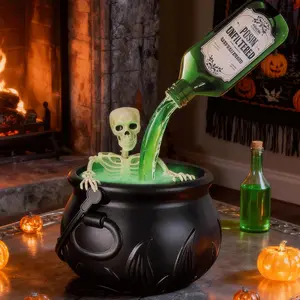 Halloween Black Plastic Cauldron Decor - Magic Floating Potion Bottles, Diffuser, Witch Bucket, DIY Spooky Vintage Candy Bowl for Halloween Table + Skeleton Props