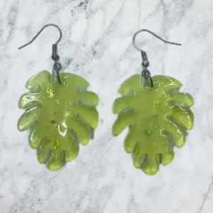 Sparkly Lime Yellow Leaf Resin Earrings