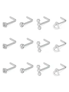 12Pcs 20G Nose Studs  for women Hypoallergenic Surgical Steel Nose Rings, L-Shaped Corkscrew Nose Piercings Jewelry Set for Women Men