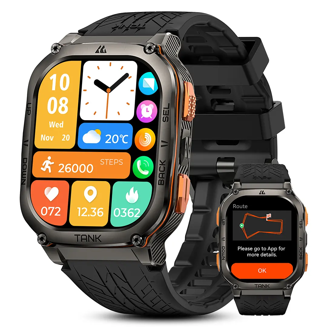KOSPET TANK M3 Ultra Steel Sports Smart Watch - Men's Wristwatch with GPS Calls, 60-Day Battery Life, 1.96'' AMOLED Touch Screen, 50M Waterproof, Health Monitoring Devices (Heart Rate, Blood Pressure), New Year Pick - Black, Wearable