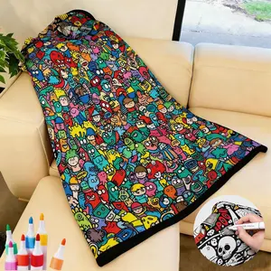 DIY Coloring Blanket【Washable and Non-Fading】, Coloring Fleece Throw Blankets for Adults and Kids, Used for Beds, Sofas, Offices, Camping, Traveling, and Airplanes. Color Your Own Blanket with 24 Colored Pens