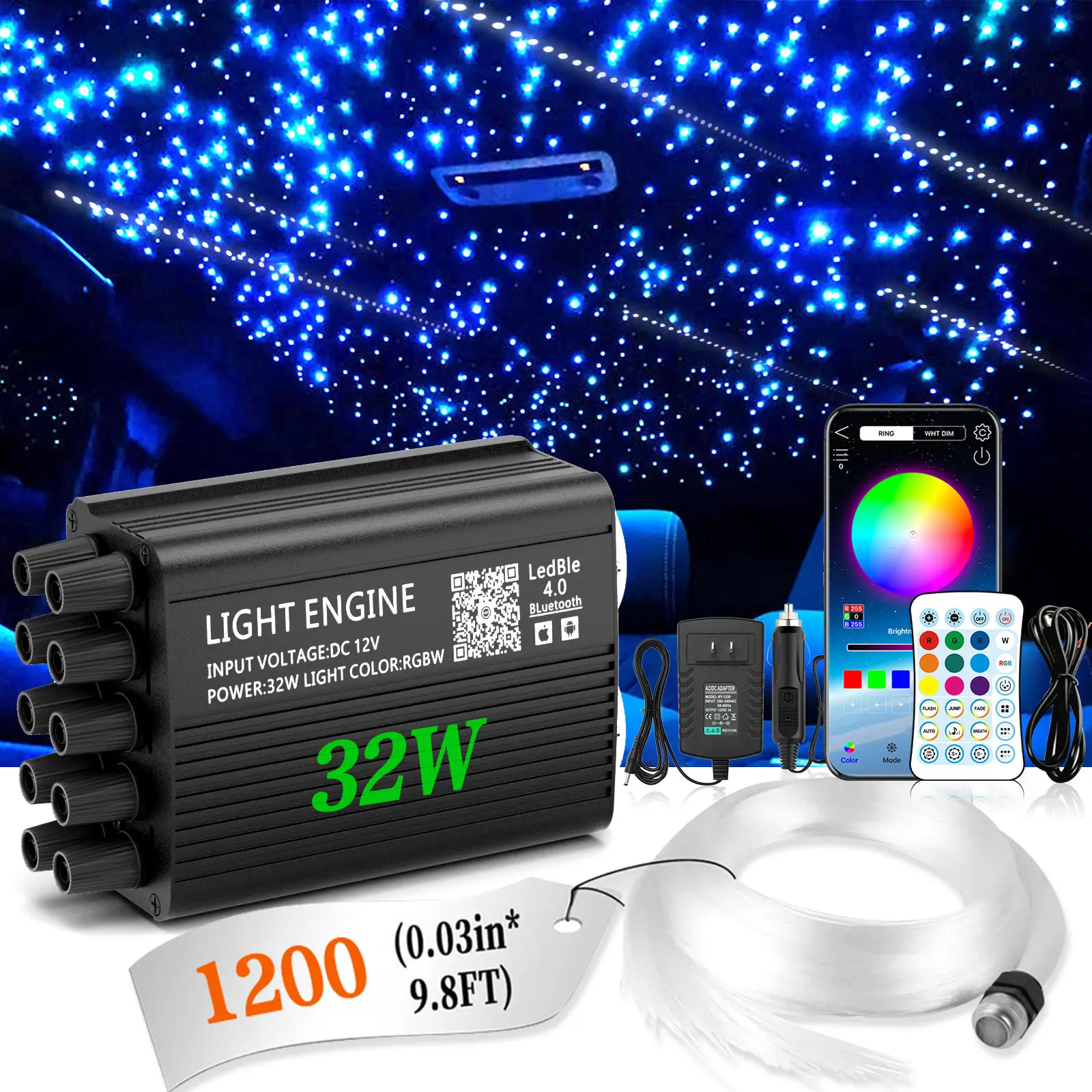 Twinkle& Meteor 2-in-1 Led Roof Twinkle Starlight Headliner Light Kit, 32W with 1200pcs Fiber Optical Cables, RGBW Sound-Activated APP/Remote Control for Car/Home