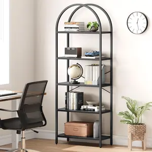 Garvee 5-Tier Tall Arched Bookshelf with Metal Frame, Industrial Farmhouse Style, 70.87-71" Height, Modern Floor Standing Display Rack for Living Room, Bedroom, and Home Office in Grey or Gold Finish