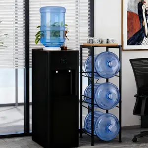 3-layer water bottle rack, wooden top metal frame, 5-gallon water bottle storage rack, vertical storage rack can effectively organize water bottles while maximizing the floor space of the home or office, black
