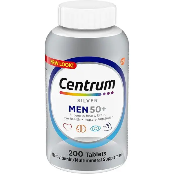 Centrum Silver Men's 50+ Healthy Aging Multivitamin Tablets - 200 Count, Gluten-Free, with Vitamin D3, B-Vitamins, Zinc for Brain Health, Memory Boost, Heart Health, Daily Supplemental Nutrition Support, Body Health, Minerals