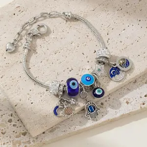 Fashion Beaded Bracelet Evil Eye Protection Gods Hand Hamsa Sun Moon Charms with Sparkling Diamond for Protection and Elegance