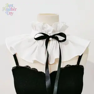French Court Style Ruffled Jabot Collar, White High-Necked Decorative Neckpiece, Retro Lace-Up Ruffled False Collar with Tie, Elegant Ruffled Neck Accessory