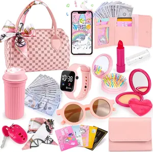 Easter Gift-Play Purse for Little Girls, 32PCS Toddler Purse Set with Pretend Makeup, Handbag, Phone, Wristwatch, Silk Scarf – Birthday Gift for Girls 3+