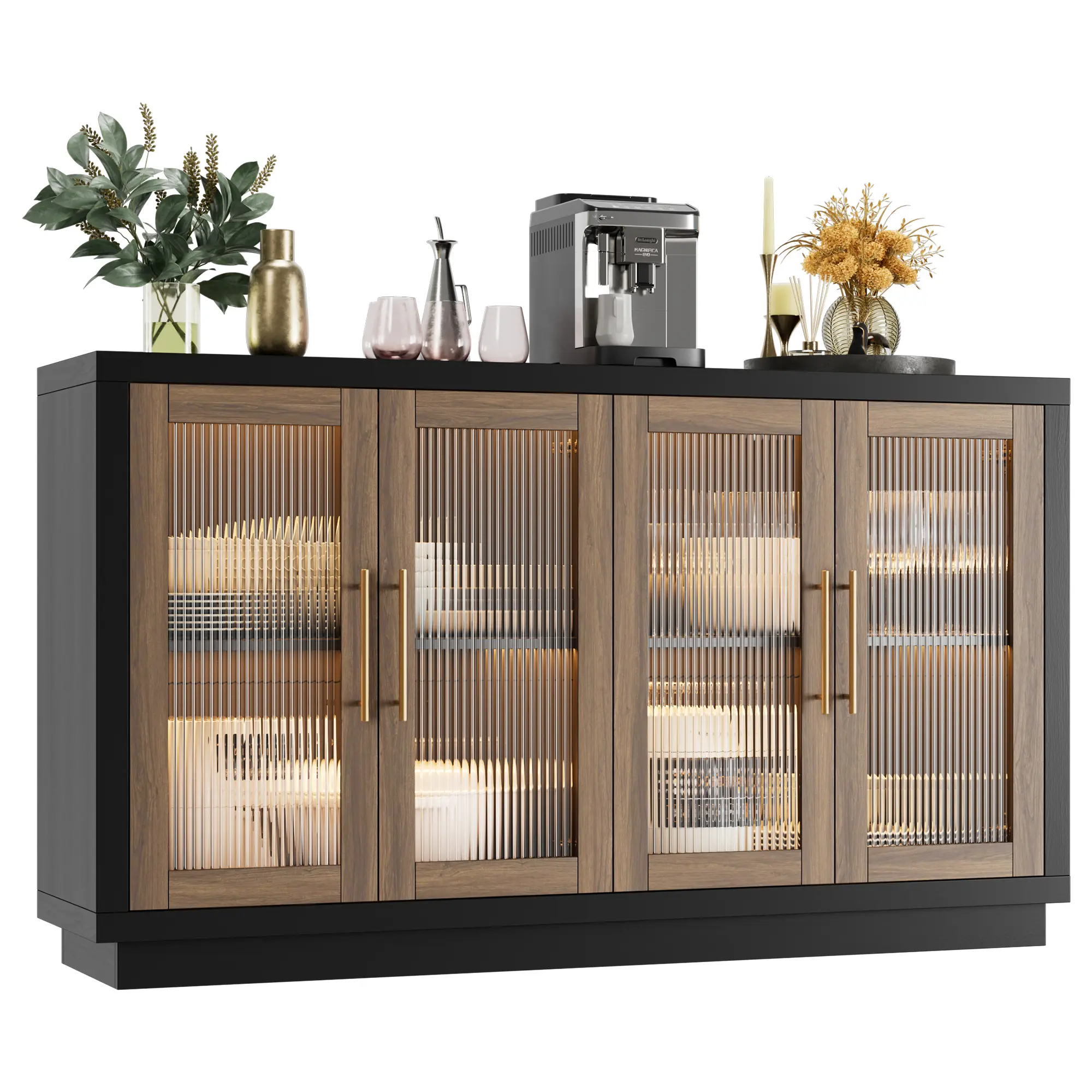 FOTOSOK Buffet Cabinet with Storage, 55.1" Large Sideboard with 4 Glass Doors, Kitchen Cabinet Buffet Table, Wood Coffee Bar Display Cabinet Modern Home Furniture, #Summervibes