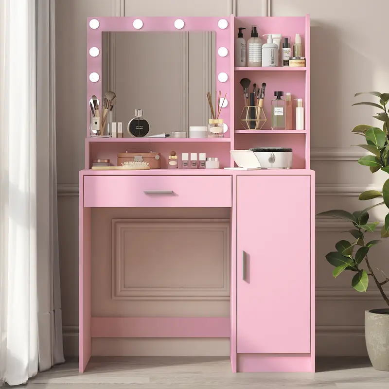 Bellemave Classic Lighted Makeup Vanity Desk - Vanity with Lights, Stylish Adjustable High-Brightness Drawer-Style 35.4W Mirrored Dresser, Large Drawer, 3-Level Storage, Easy-Install Standable Indoor Furniture, Room Decor (53.9"Hx35.4"Wx15.7"D), Stylish M