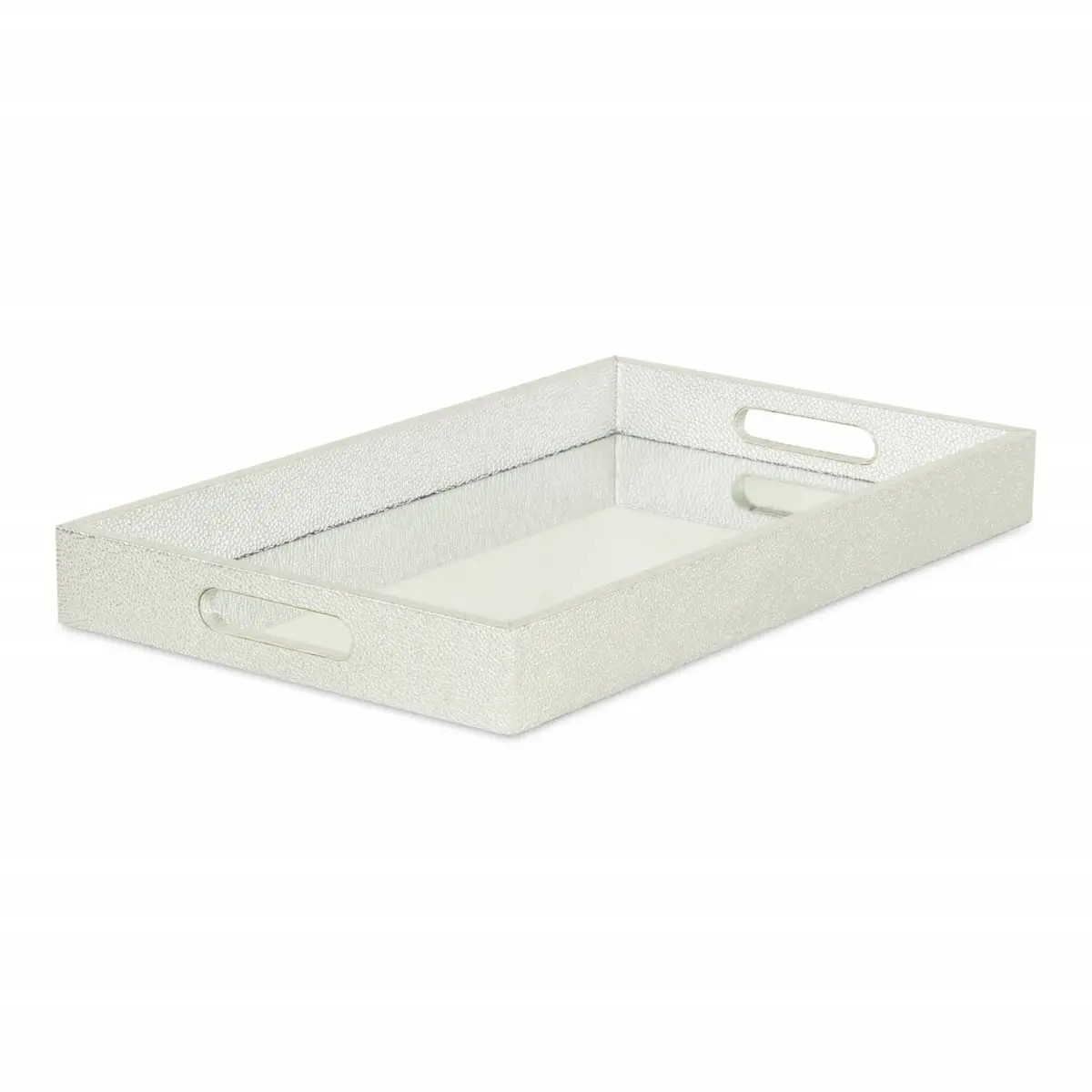 16 in. Classic Genuine Wood Handmade Rectangular Serving Stand Tray, 2" h x 15.75" w x 9.5" d, Cut-Out Side Handles, 360-Degree Rotating Single Compartment Silver Food-Safe Home Organizer for Displaying