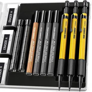Four Candies 3PCS 1.3mm Mechanical Pencil Set with Case, Metal Heavy Duty Carpenter Pencils with 48 Refill(Red,Black,Yellow) 3Eraser, 12Eraser Refill, Weatherproof Body Outdoor Woodworking Marking